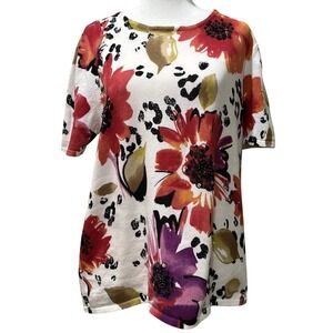 Alfred Dunner 1X $48 Black Orange Pink Floral Sequin Short Sleeve Knit Top